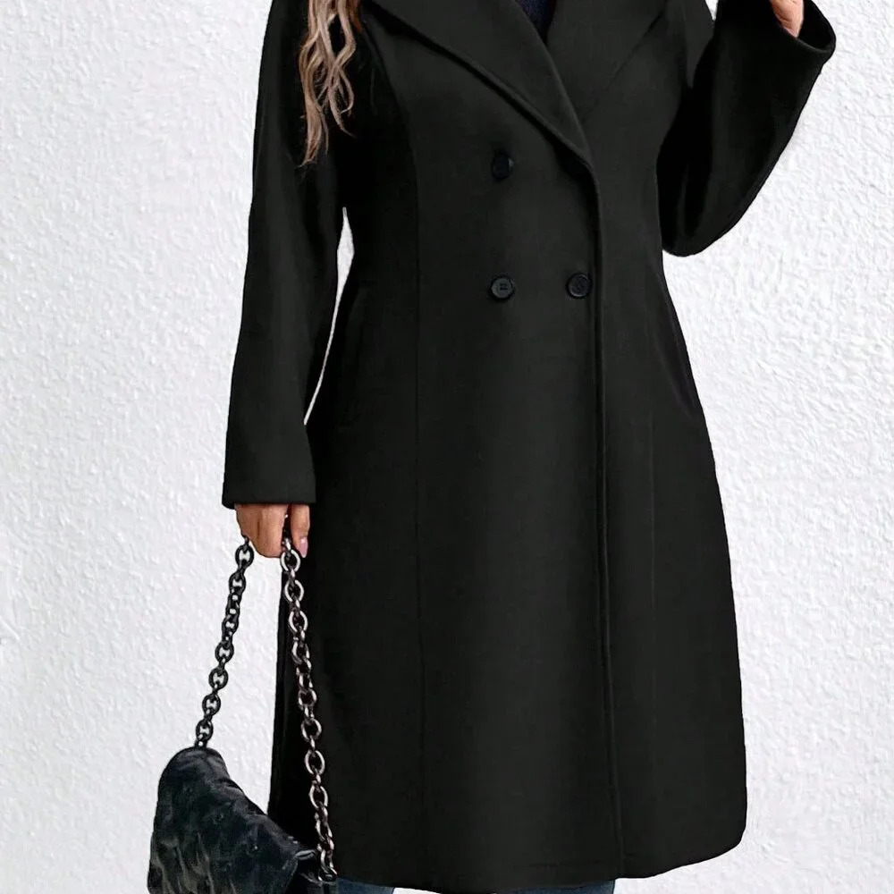 Black Casual Women's Plus Size Plain Double Breasted Pocket Long Sleeve Overcoat - Picture 5 of 6